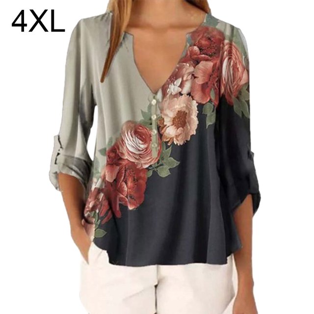 Blusa Camisa con cuello en V y estampado floral Blusa suelta de manga larga Top de mujer, Gris, 4XL sidaley AP002021-15