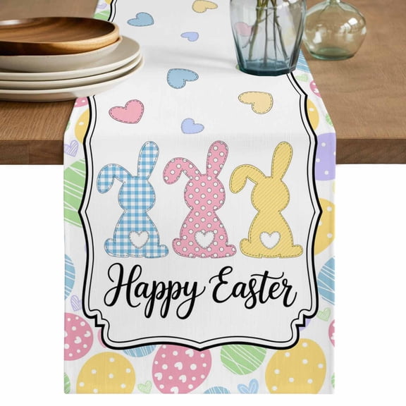 Table Runner 108 Inches Long for Kitchen Dining, Happy Easter Dresser Scarf Farmhouse, Dining Table Decorations for Wedding/Parties, Colorful Rabbits Eggs Spring 13 x 108 In