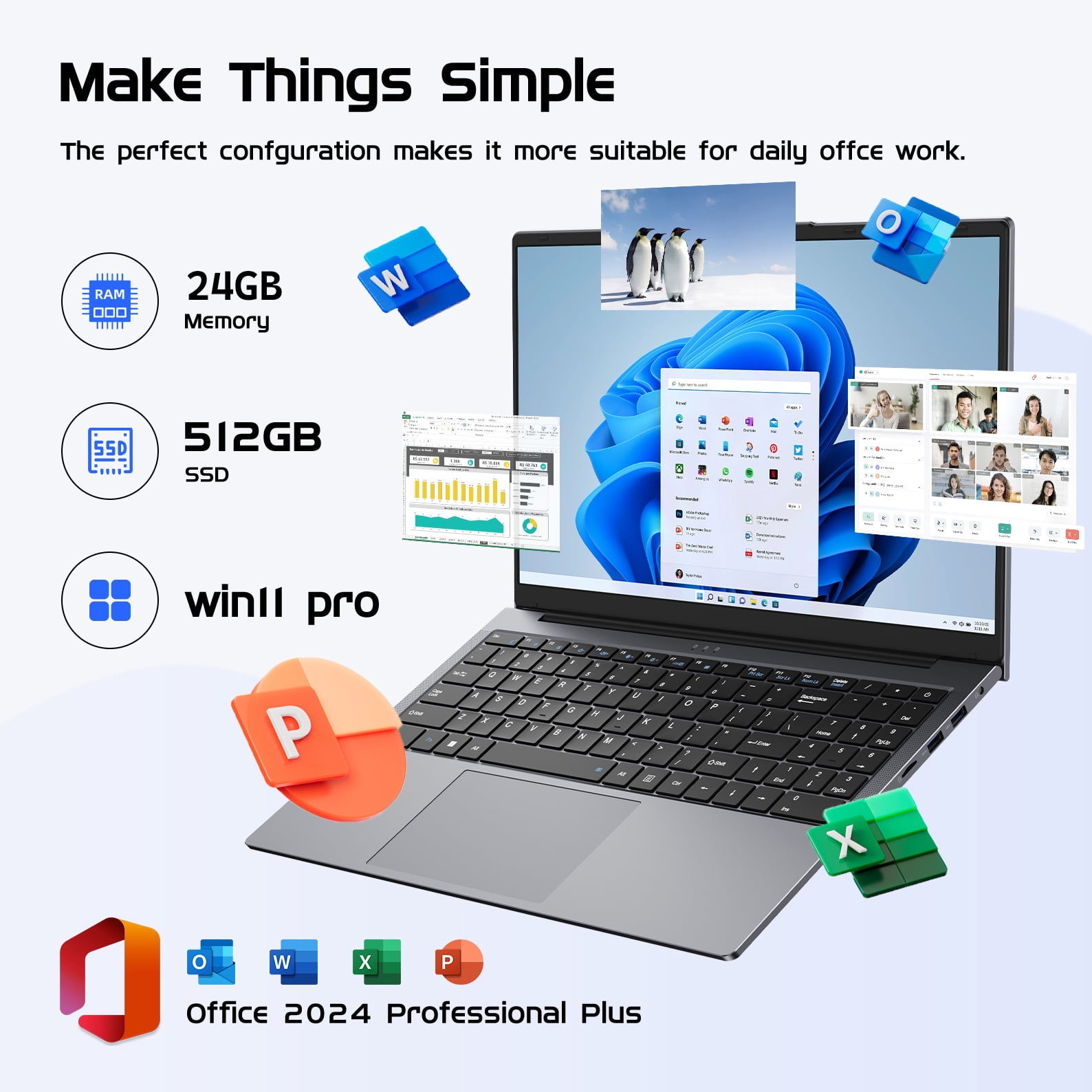 15.6" Laptop,24GB RAM 512GB SSD,Windows 11 Pro,Intel Core i3(Up to 3.4GHz),Business NoteBook Computer,Microsoft Office 365,FHD 16:9 Display