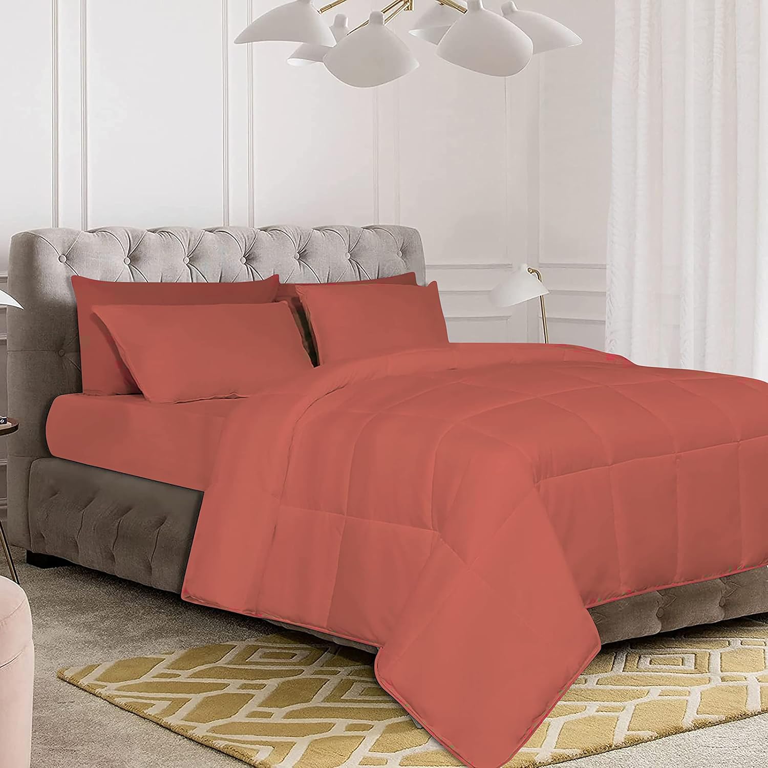 D.N.G. BEDDINGS Deluxe All Seasons Super King Size 800 Thread Count, Solid Brick Red Down Alternative 3 Piece Box Design Comforter Set 100% Egyptian Cotton