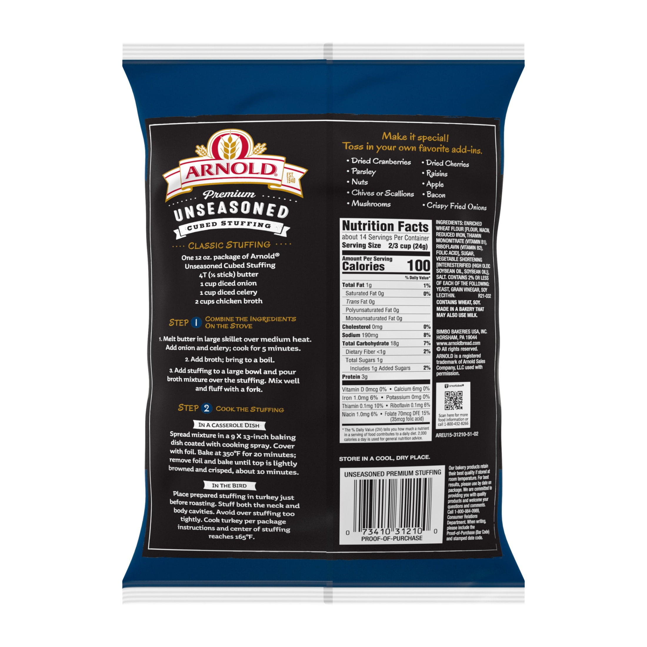 Arnold Premium Unseasoned Plain Cubed Bread Stuffing, 12 oz, Turkey Stuffing Mix, Bag