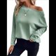 thumbnail image 3 of Camiseta de Punto de Otoño con Cuello Redondo y Hombros Descubiertos para Mujer, Larga Verde M, 3 of 7