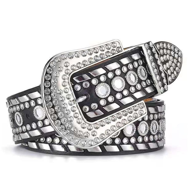 Cinturón de diamantes de imitación para mujer Cinturón de cuero con tachuelas y brillantes para vaqueros y pantalones, color negro