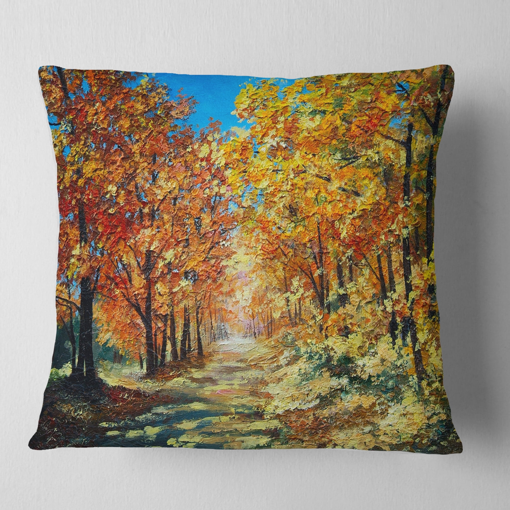 Designart Bright Day in Autumn Forest - Landscape Printed Throw Pillow - 18x18