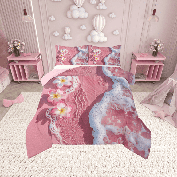 Erosebridal Romantic Marine Bedding Twin Comforter Set, Coastal Beach Down Comforter, Pink Flower Reversible Comforters & Duvets, Lightweight Bedroom Decor, 2pcs