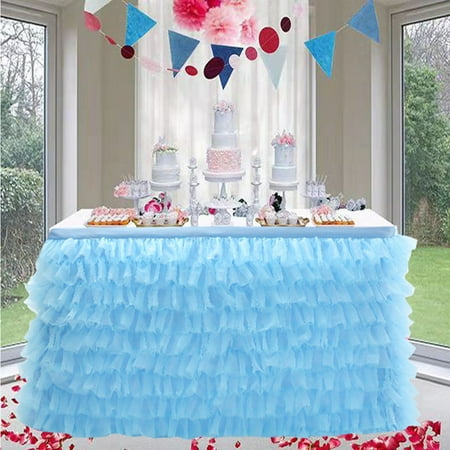 

Eyicmarn Wedding Party Table Skirt Solid Color Design with Wooden Ears Multi-Layer Tulle Pressing Fitting Reusable Table Decoration
