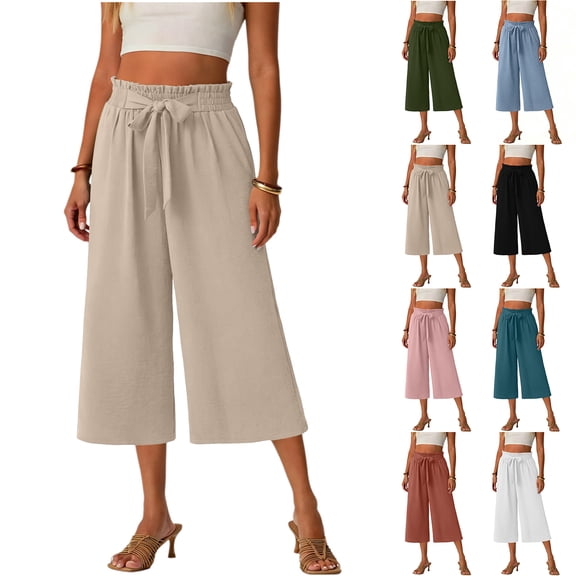 Bloomae Capri Pants for Women Loose Fit Wide Leg Summer Capris Pant Palazzo Trendy Casual Bowknot Belted Elasitc High Waist Comfy Cropped Trousers with Pockets Light Blue L