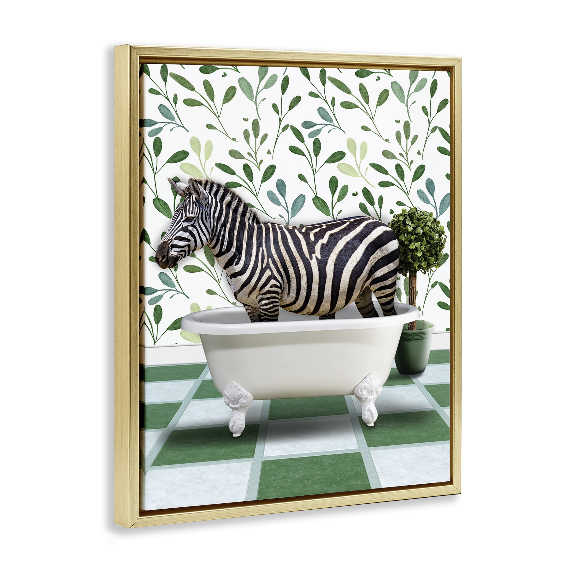 Stupell Industries Zebra in Green Bathroom Bath & Laundry Painting Gold Floater Framed Canvas Art Print Wall Art, 25 x 31