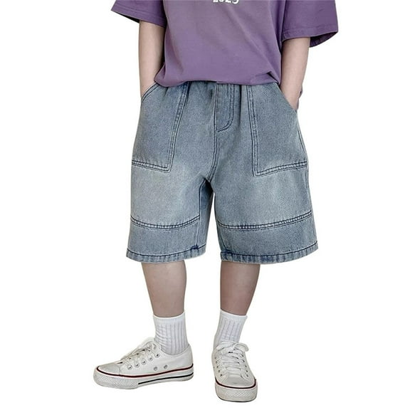 SRZYMJ Boys Denim Bermuda Shorts Elastic Waist, Stretchy Jean Trendy Summer Long Jorts with Big Pockets Blue 4-5 Years