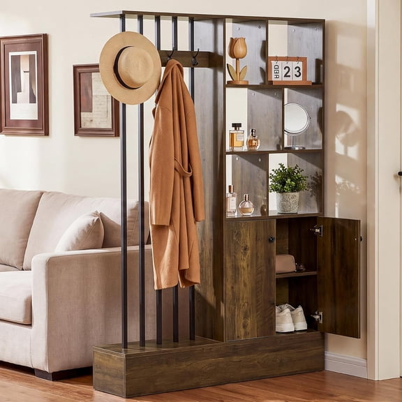 Finmind 70-Inch Room Divider with Cabinet, Freestanding Wall Partition Dividers with Storage Shelves, Farmhouse Room Separator with Hooks for Living Room, Bedroom, Entryway