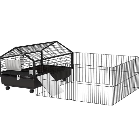 JERFIT 46.5" Small Animal Cage with Playpen, Foldable & Rolling Guinea Pig Hutch with Water Bottle, Food Bowl, Ramps for Rabbits, Hedgehogs