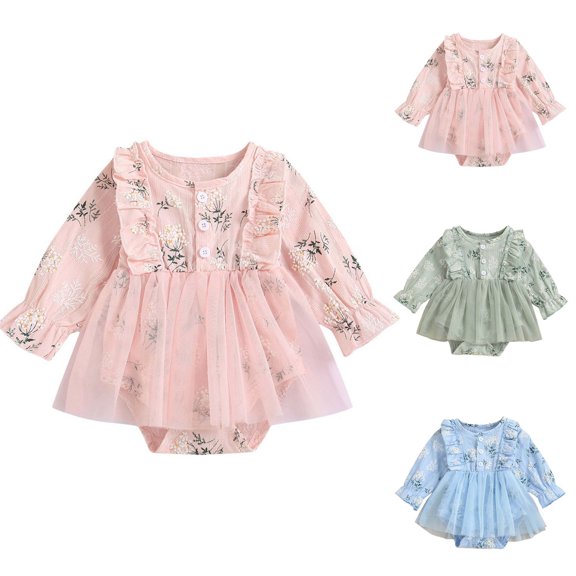 Pandaie Newborn Baby Girl Romper Dress Flower Embroidery Tulle Tutu Dresses Jumpsuit Princess Long Sleeve One-Piece Bodysuit Outfits Set 0 3 6 12 18 Months