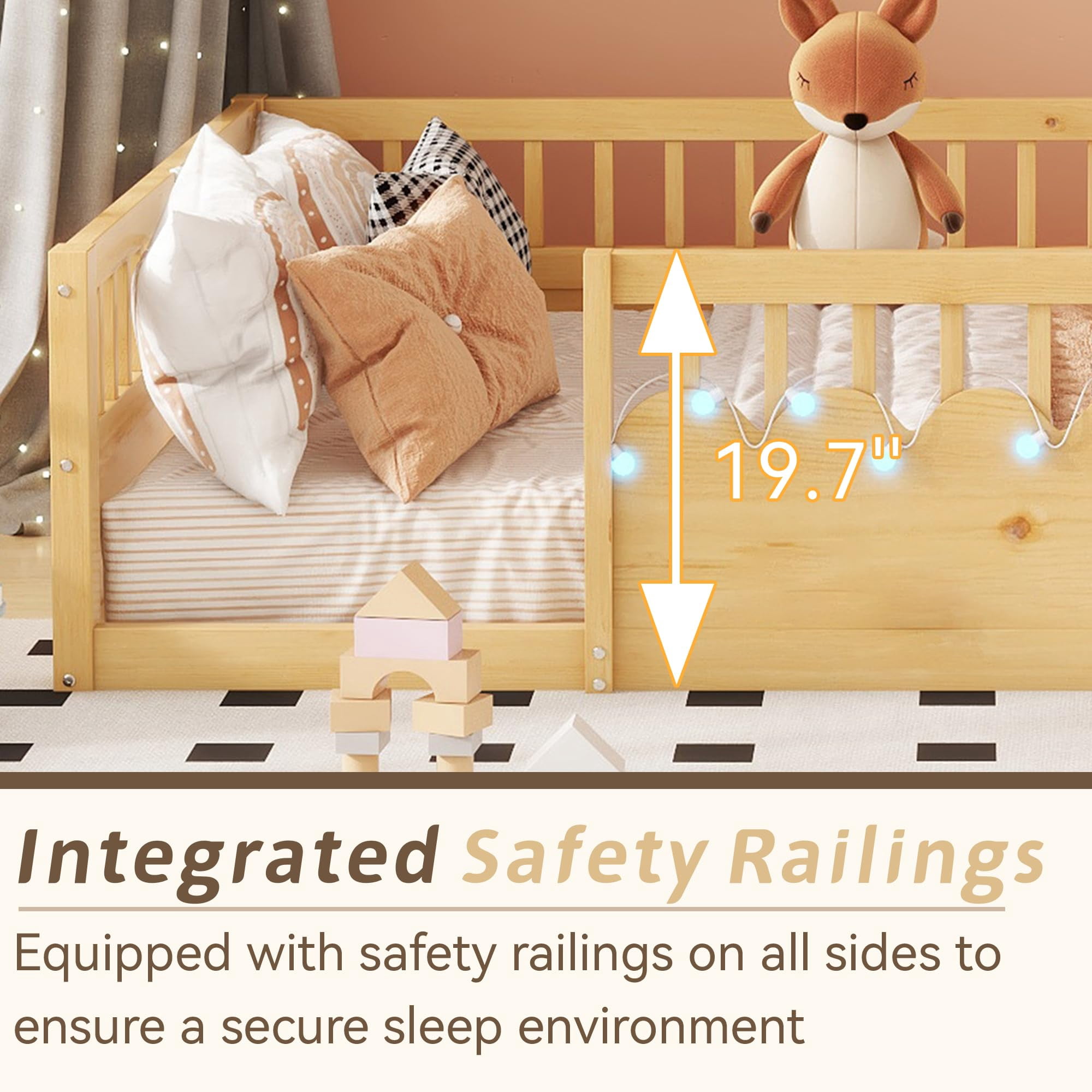Mirightone Full Size Montessori Floor Bed LED Illuminated Safe Low Profile with Storage, Safe & Wider Opening Gate Design, Natural