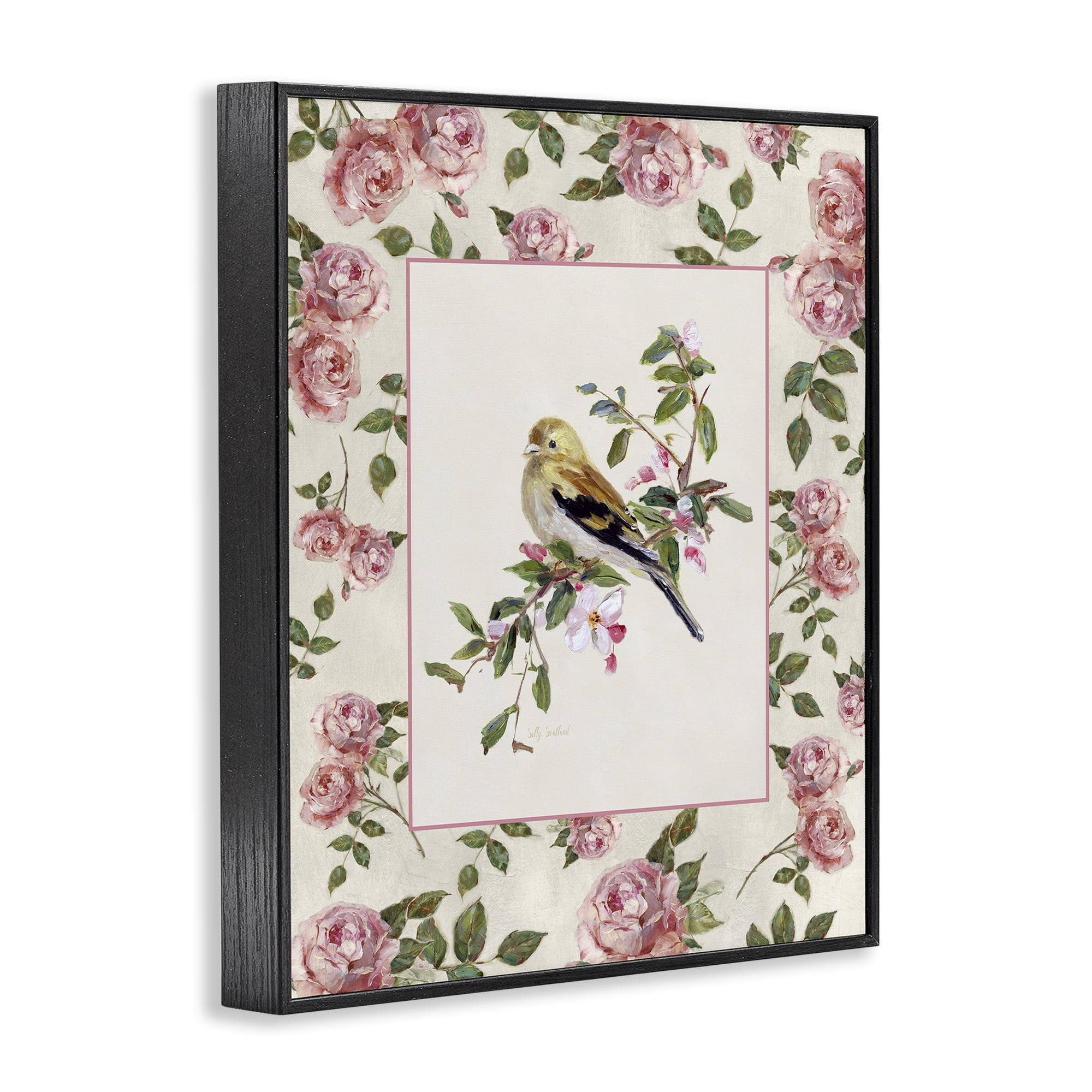 Stupell Industries Perched Bird with Dainty Roses Black Framed Giclee Art, design by Sally Swatland