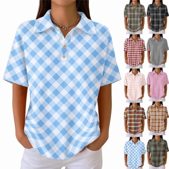 Plaid Polo Shirts for Women Waffle Button Collared Summer Short Sleeve Tops Lightweight Work Golf Shirt Womens Blouses Multicolor 3XL
