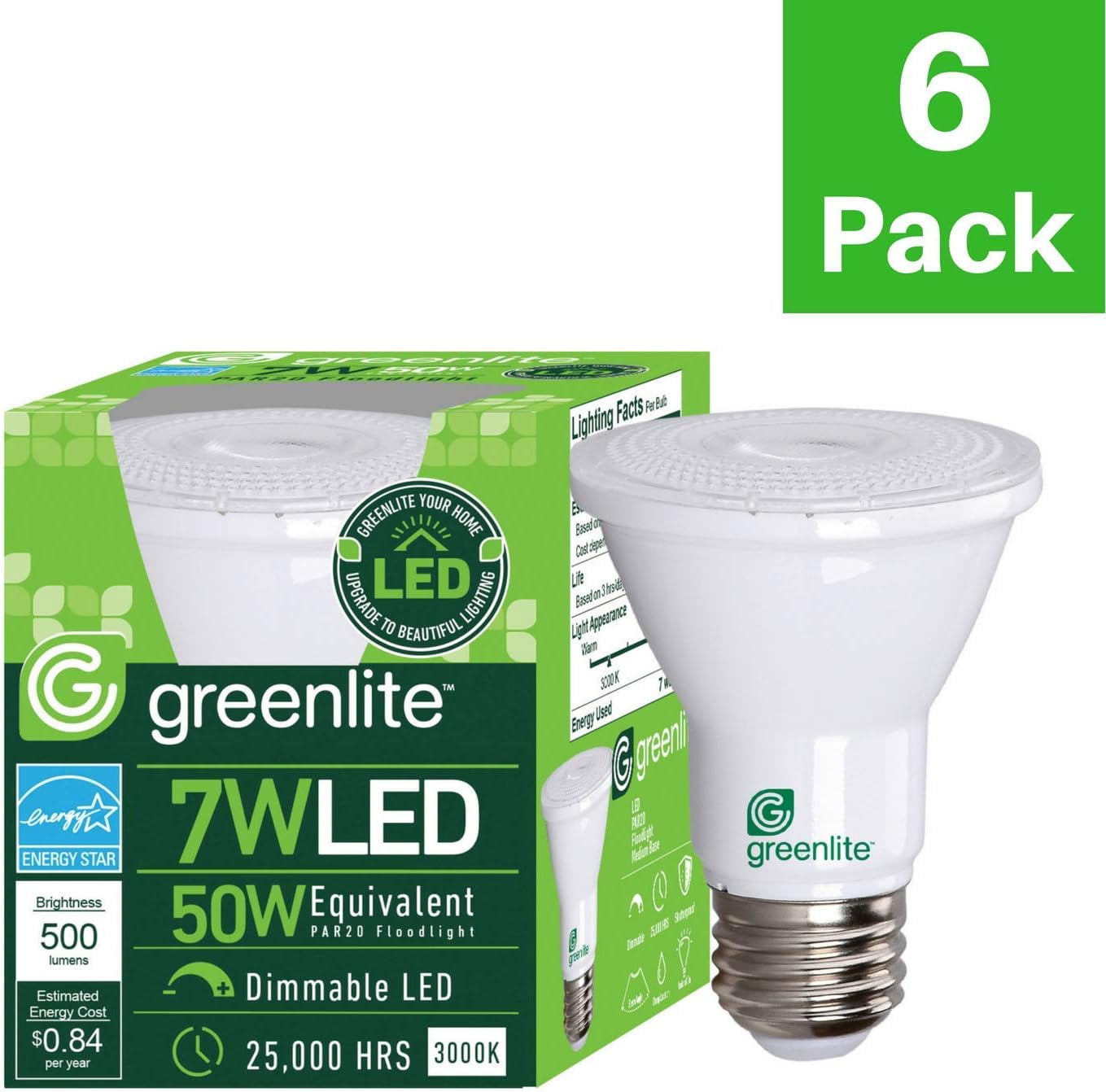Greenlite LED PAR20 Dimmable Flood Light Bulb, 7W (50W Equivalent), 500 Lumens, 3000k Bright White, Narrow Flood 40° Beam Angle, Indoor, 120V, Energy Star Certified, (Pack of 6)