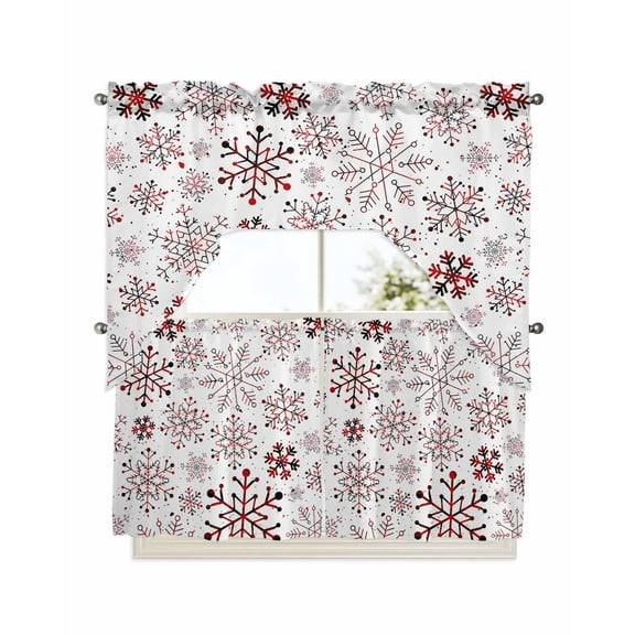 Red Snowflake Christmas Kitchen Curtains Swag Valance and Tier Curtains Set 24 Inch Length, Xmas Snowflake Rod Pocket Drape Panels Pair Swag Curtains for Bathroom/Cafe/Window
