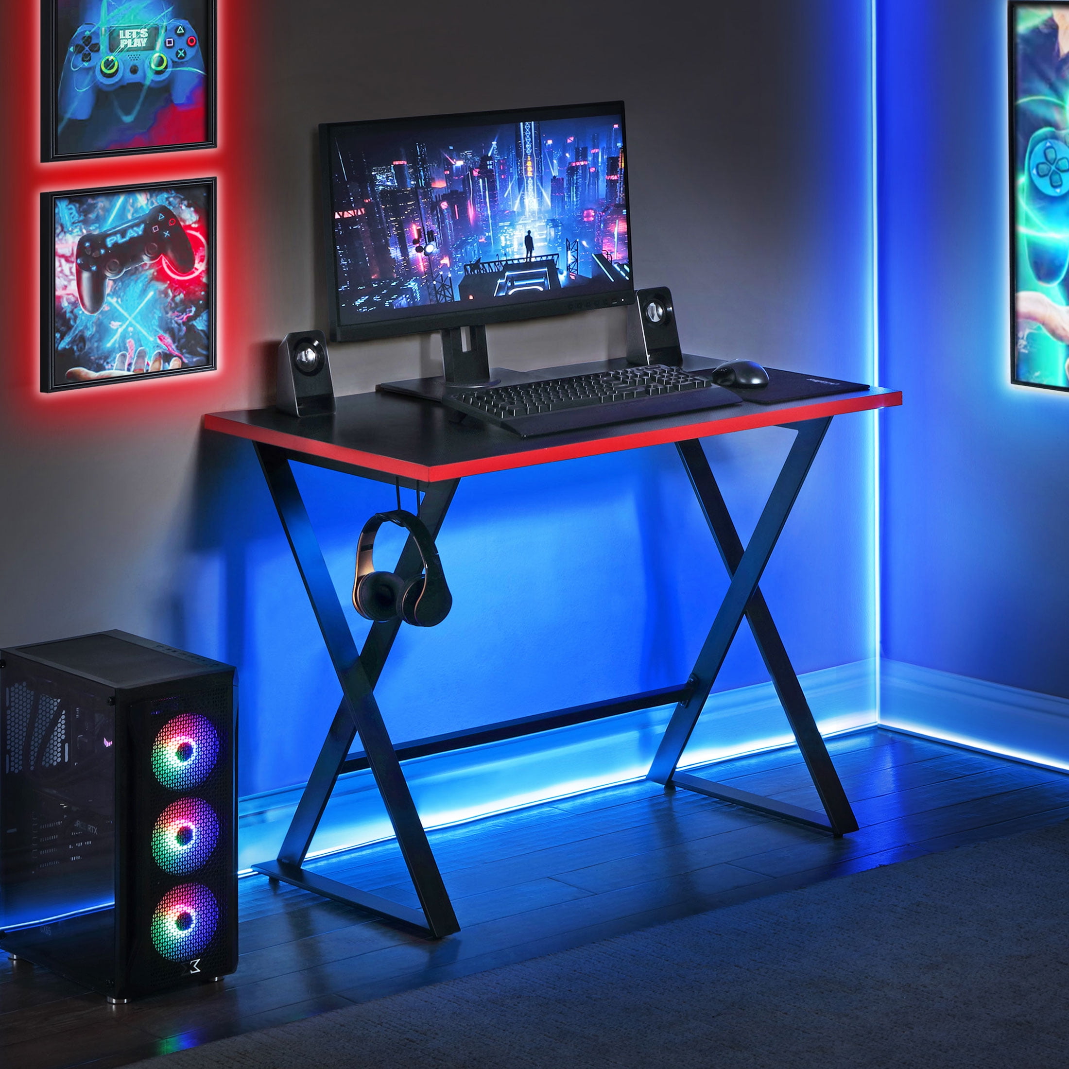 Gamer Gear Jr. Gaming Desk with LED Lighting, Teens and Kids, Red and Black