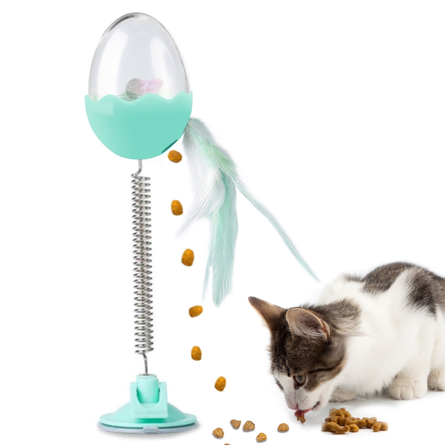 IKUSO Interactive Cat Leaking Food Tumbler Toy - Transparent Egg-Shaped Slow Feeder with Spring Pole & Feather Teaser