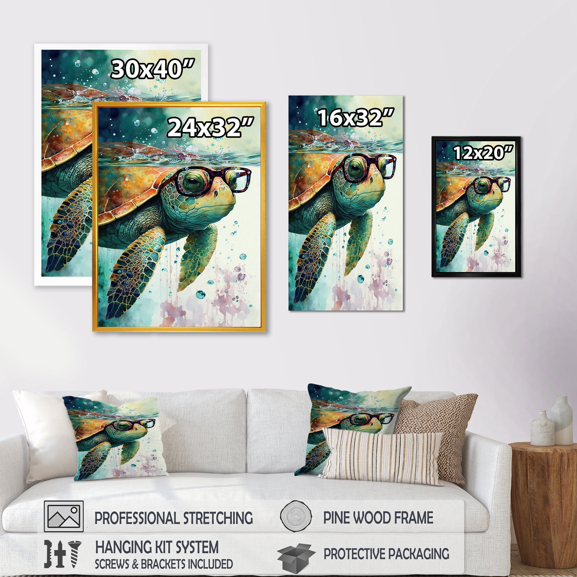 Designart Turtle With Glasses In The Ocean II Canvas Wall Art
