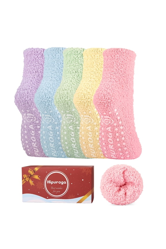 Slipper Socks Anti-Slip Fuzzy Socks for Women Hospital Socks Home Plush Microfiber Sleeping Warm Socks House Fleece redyellowgreenbluepurple Female Crew