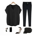 thumbnail image 6 of BUYISI Womens New Short-sleeved Chiffon Shirt Stylish Loose V-neck top Black L, 6 of 7