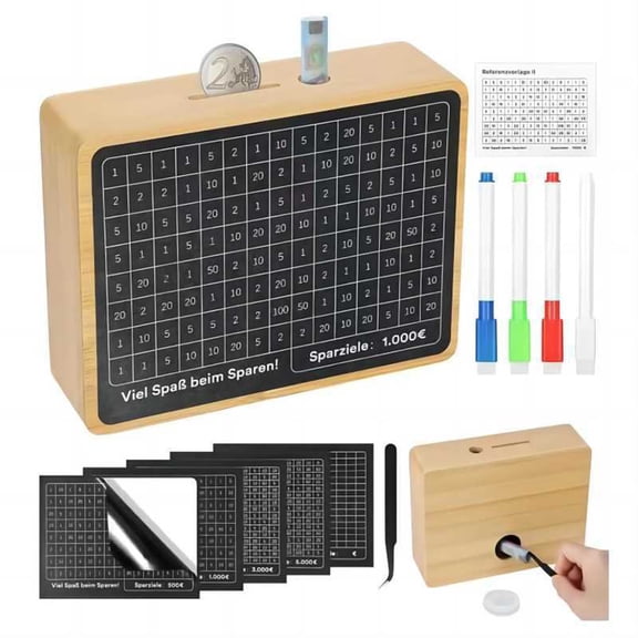 Cash Vault Wooden Savings Box Dollars, Coin Counter Piggy Bank Money Box with Money Target and Numbers(1000 Euros)