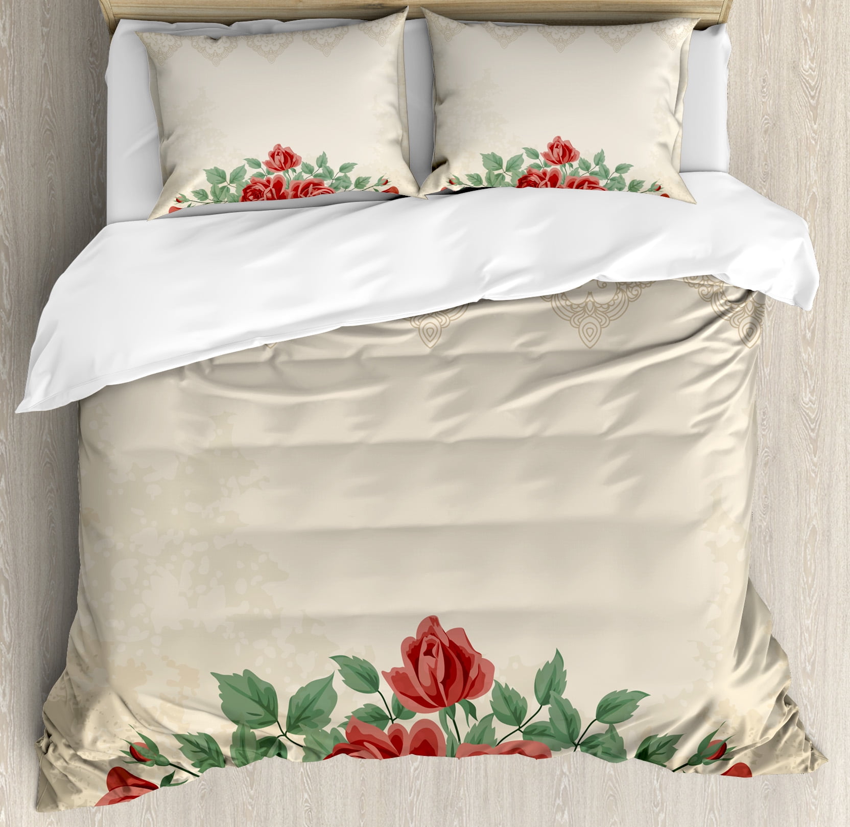 Shabby Chic Duvet Cover Set Vintage Glamour Background With Red Rose Love And Attraction Symbol Delicacy Decorative Bedding Pillow Shams