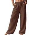 thumbnail image 5 of Dwellite Women Linen Pants Wide Leg Summer Flowy Elastic Waist Palazzo Beach Vacation Clothes Travel Trousers with Pockets Brown 2XL, 5 of 5