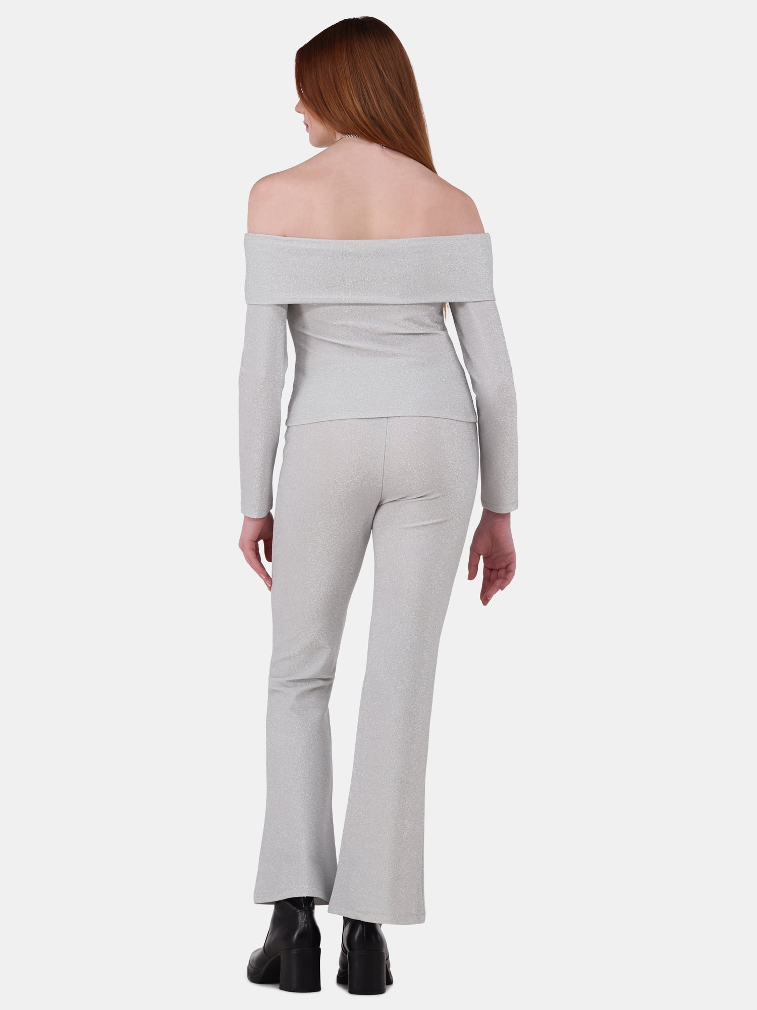 No Boundaries Metallic Off the Shoulder Top and Flare Pant Set, 2-Piece, Women's