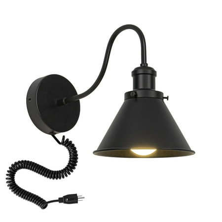 

KAYYELAMP Spiral Retractable Plug in Cord Gooseneck Black Wall Sconce Dia 7.8in Shade Vintage Minimalist 1-Light for Bedside Doorway Bathroom(No bulb)