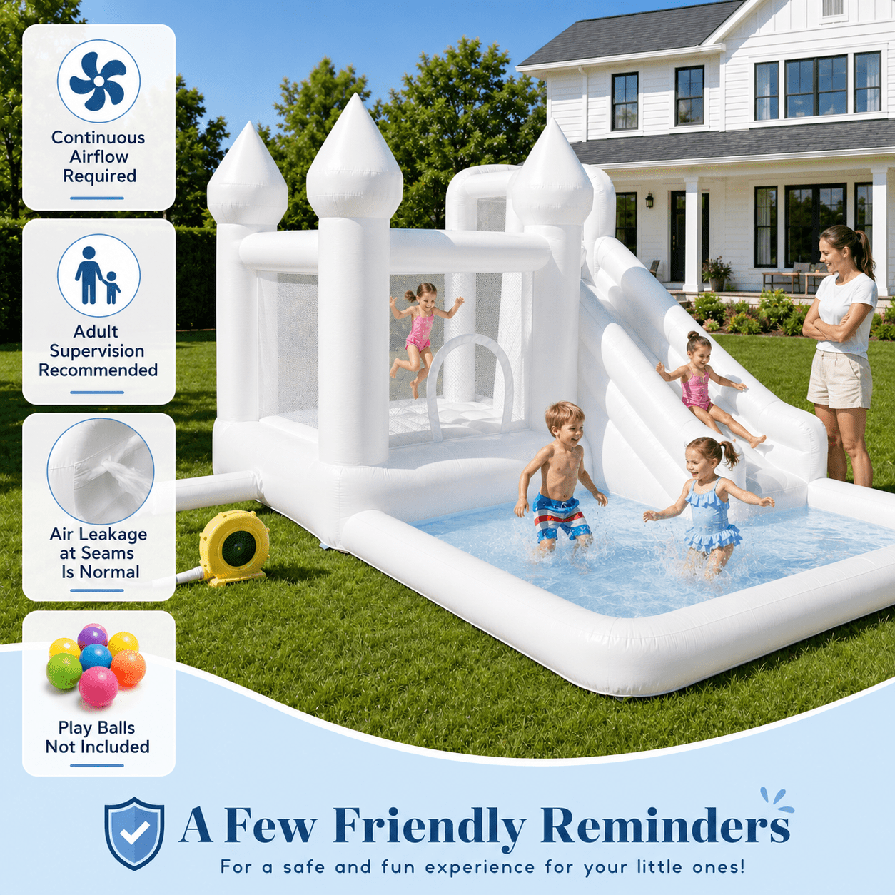 14ft Inflatable Water Slide & Bounce House with Ball Pit and Blower, White Oxford Outdoor Playhouse for Kids