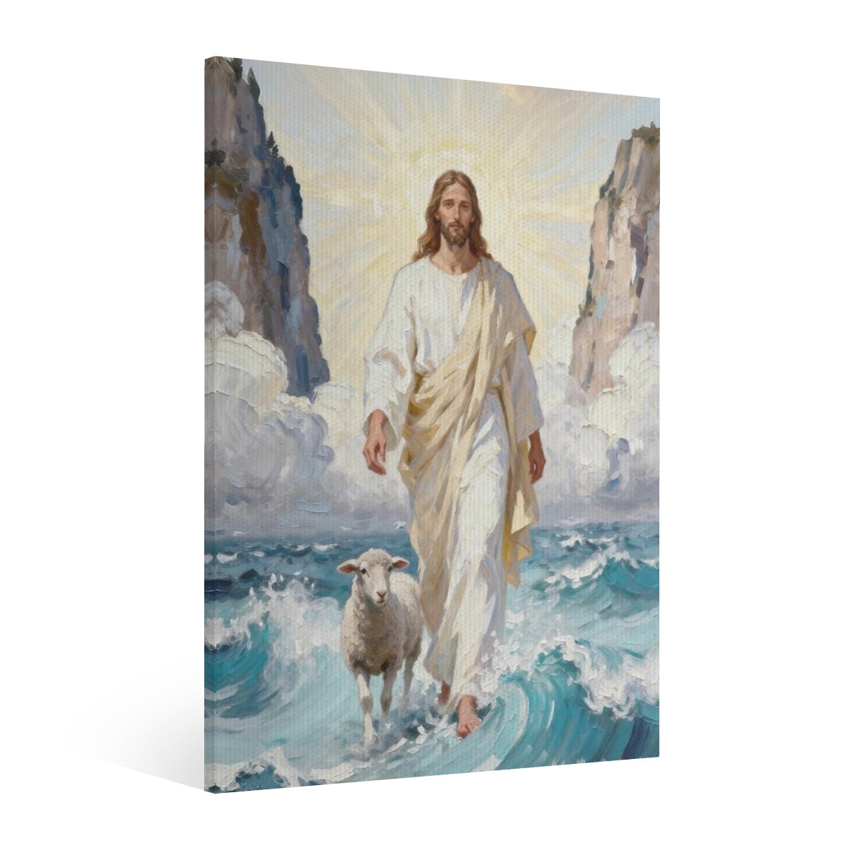 Vintage Jesus and the Lamb Canvas Wall Art Paint Framed Jesus Pictures Canvas Print Posters Wall Decor Christian Christmas Wall Art Home Decor for Living & Prayer Room Bedroom Wall Decor Framed