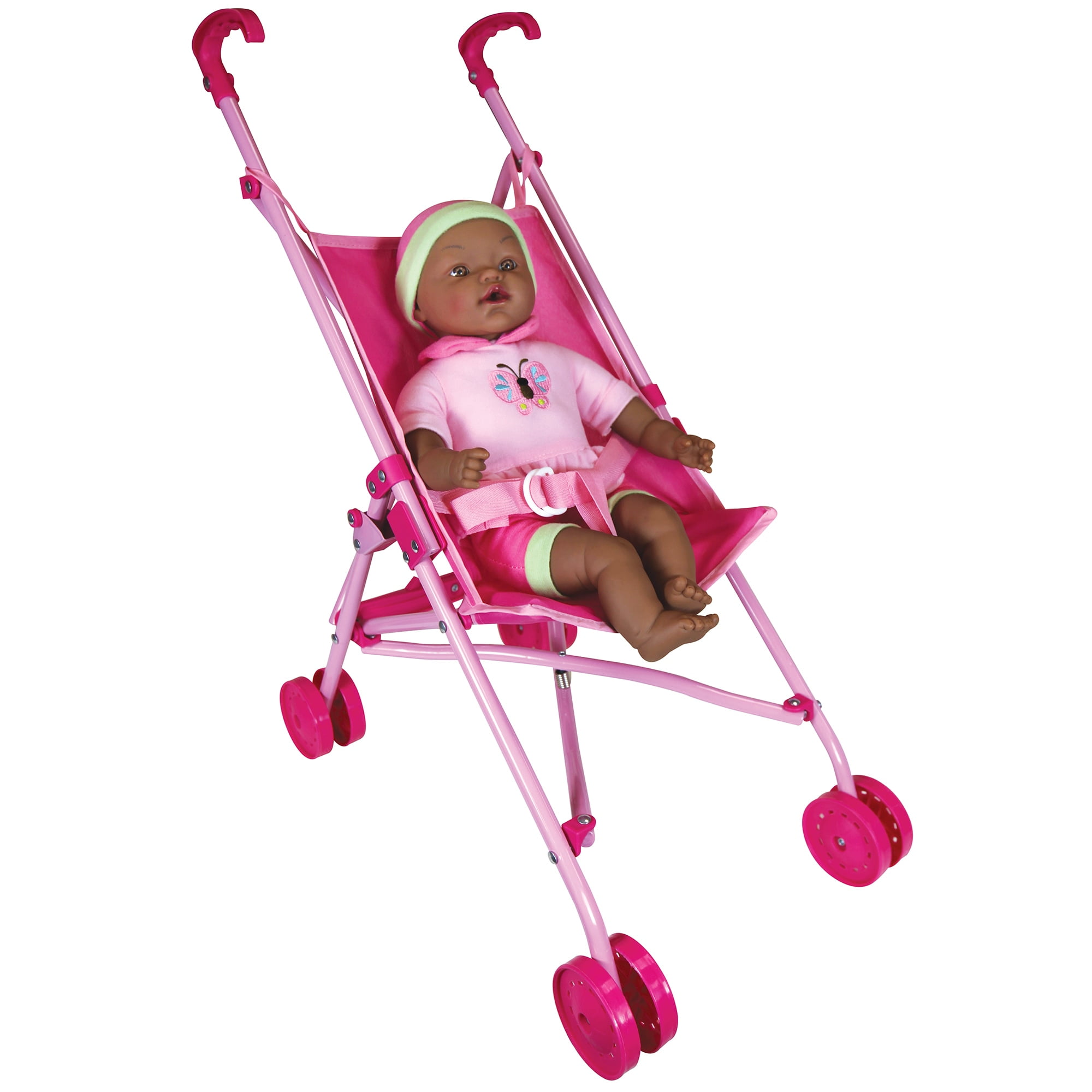 Lissi: Umbrella Stroller & 16" African American Doll - Pink & Green Butterfly Outfit & Hat, Foldable Push Stroller, Toy Feeding Accessories, Kids 3+