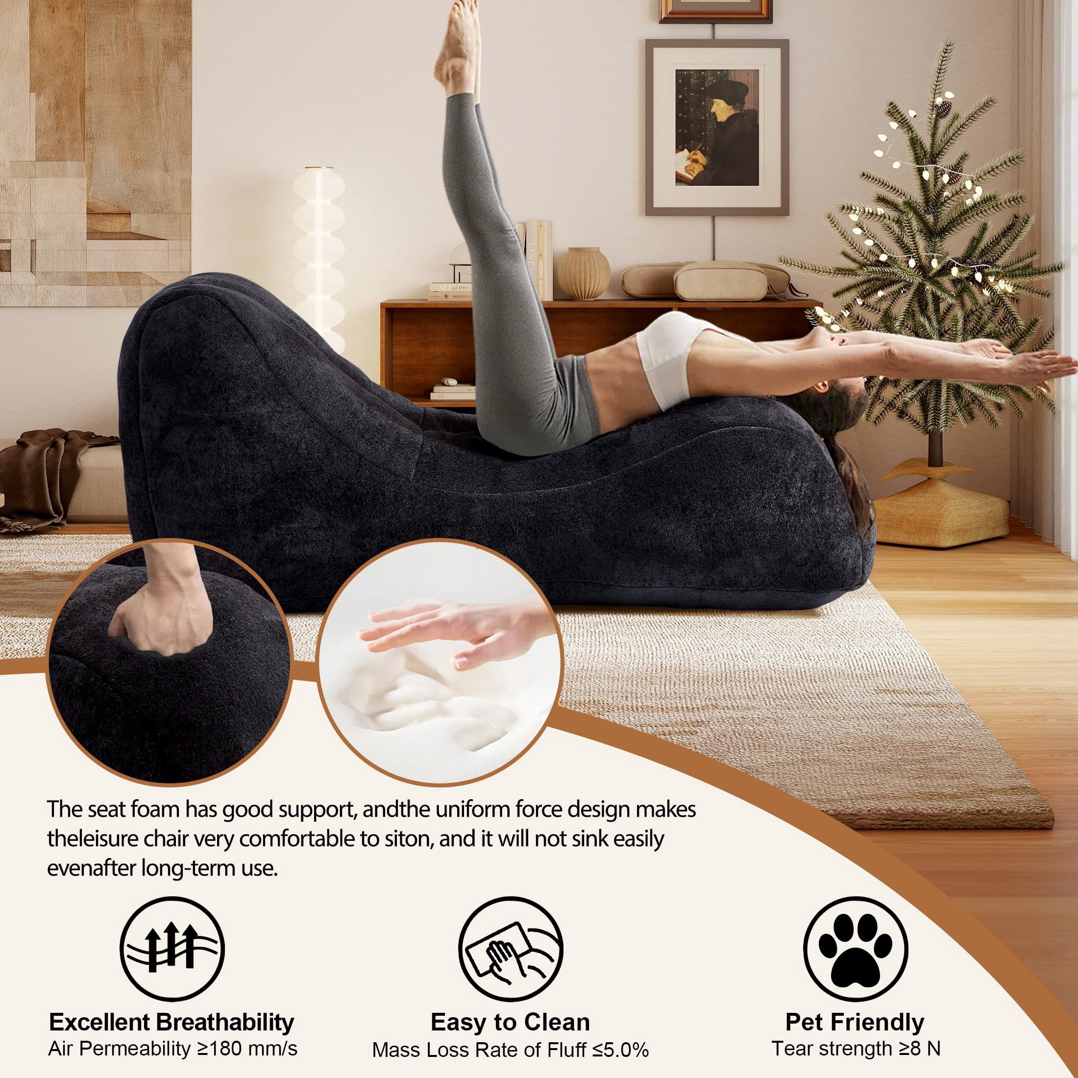 Aukfa Chaise Lounge, Bean Bag Sofa for Stretching, Relaxation, High Density Foam Recliner, Black