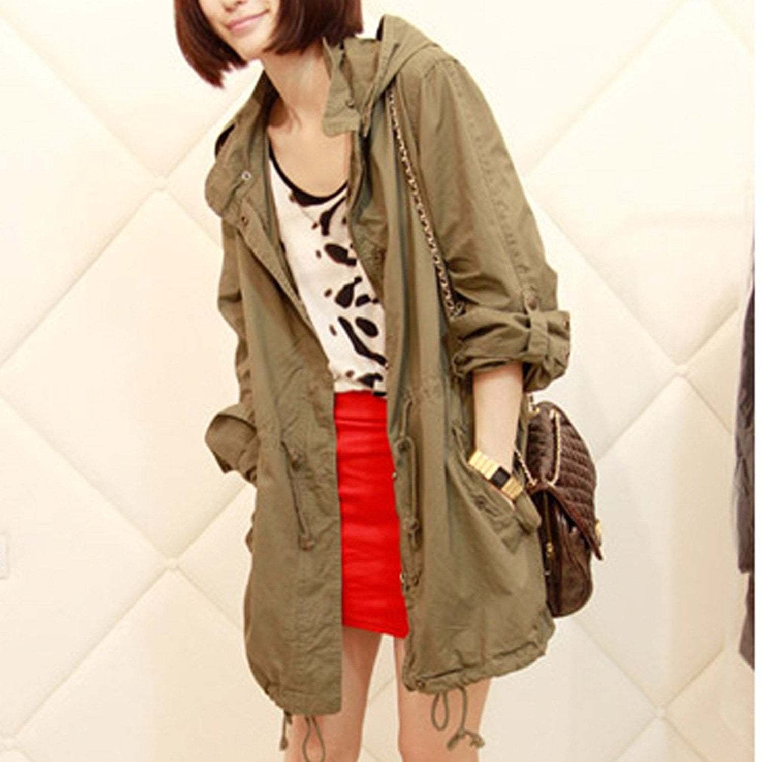 Women`s Hooded Drawstring Military Jacket Parka Coat Army Green (M)