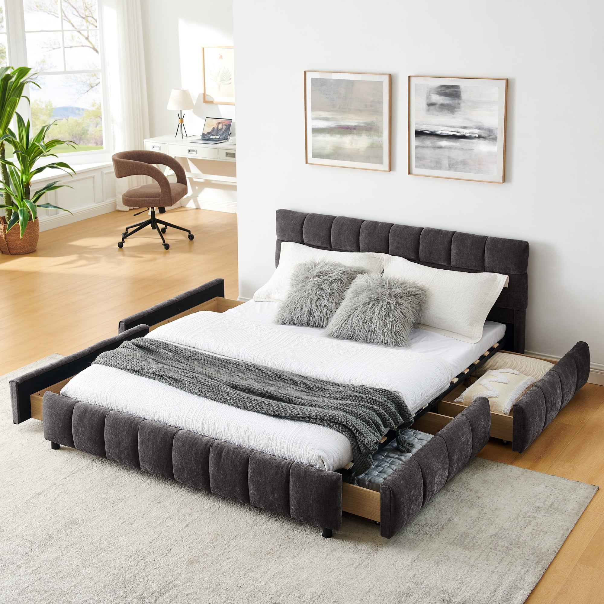 Modern Dark Grey Wood Frame Queen Chenille Upholstered Platform Bed with Headboard & 4 Drawers