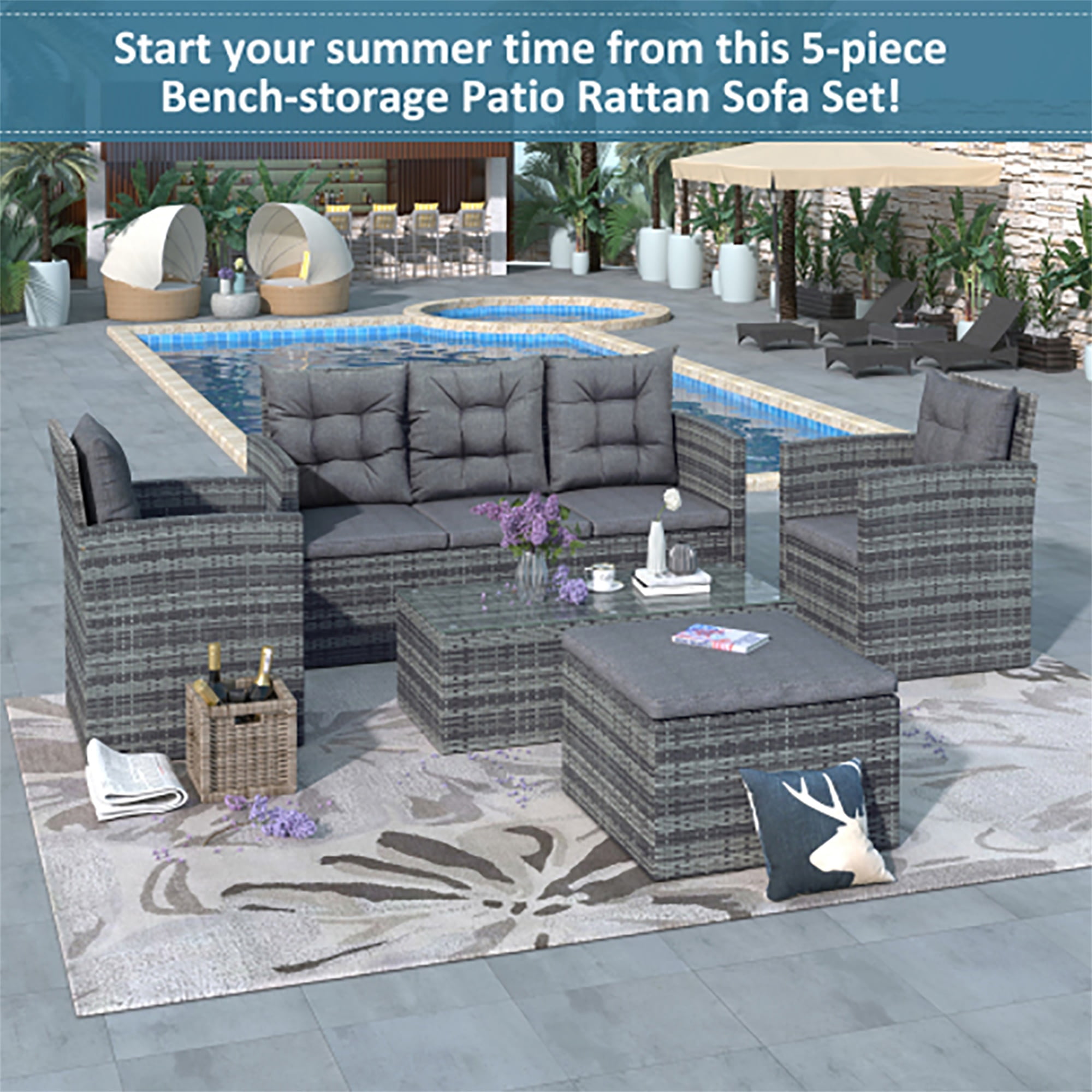 YYAo 7 Seating Outdoor Patio Furniture Sectional Sofa Set, All-Weather Couch with Glass Table, Ottomans for Backyard Porch Poolside with Storage Bench, Gray YYAo 7 Seating Outdoor Patio Furniture Sectional Sofa Set, All-Weather Couch with Glass Table, Ottomans for Backyard Porch Poolside with Storage Bench, Gray