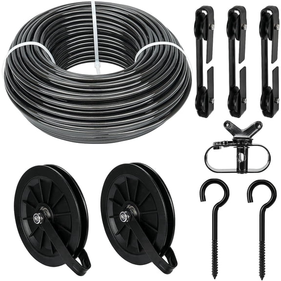 Tootaci 150ft Clothesline Outside Kit, Black Pvc Coated Heavy Duty Stainless Steel Wire with 2PCS 6.3" Pulley, M8 Metal Hooks, 3 Separator