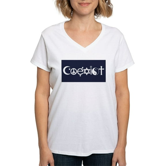 CafePress - Coexist T Shirt - Womens Cotton V-Neck T-shirt