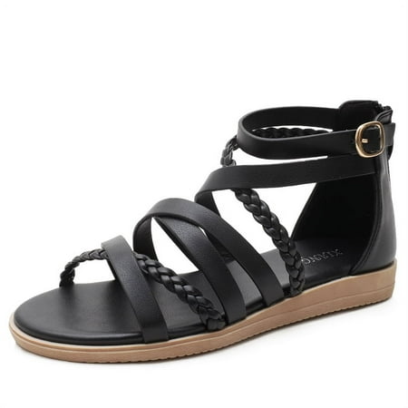 Bosleng Women s Gladiator Flat Sandals Summer Cross Strappy Open Toe Fashion Comfort Breathable Roman Walking Beach Bohemian Shoes with Zipper