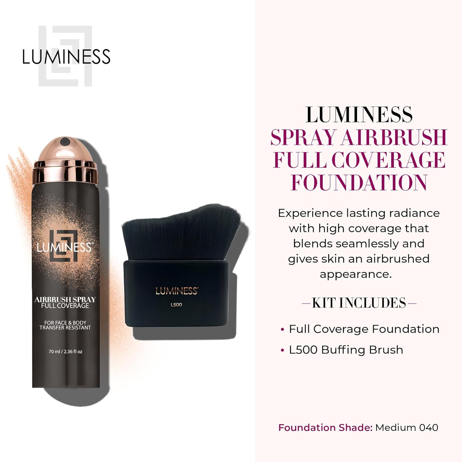 Luminess Airbrush Foundation Makeup, Medium Shade 040 - Lightweight, Full Coverage, Natural Finish, 2.36 fl oz