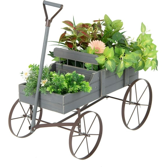 WYDK Wood Wagon Planter, Outdoor Garden Flower Planter Cart with Wheels, Small Decorative Wood Raised Bed Plant Pot Box Stand for Backyard, Patio, Balcony, Grey