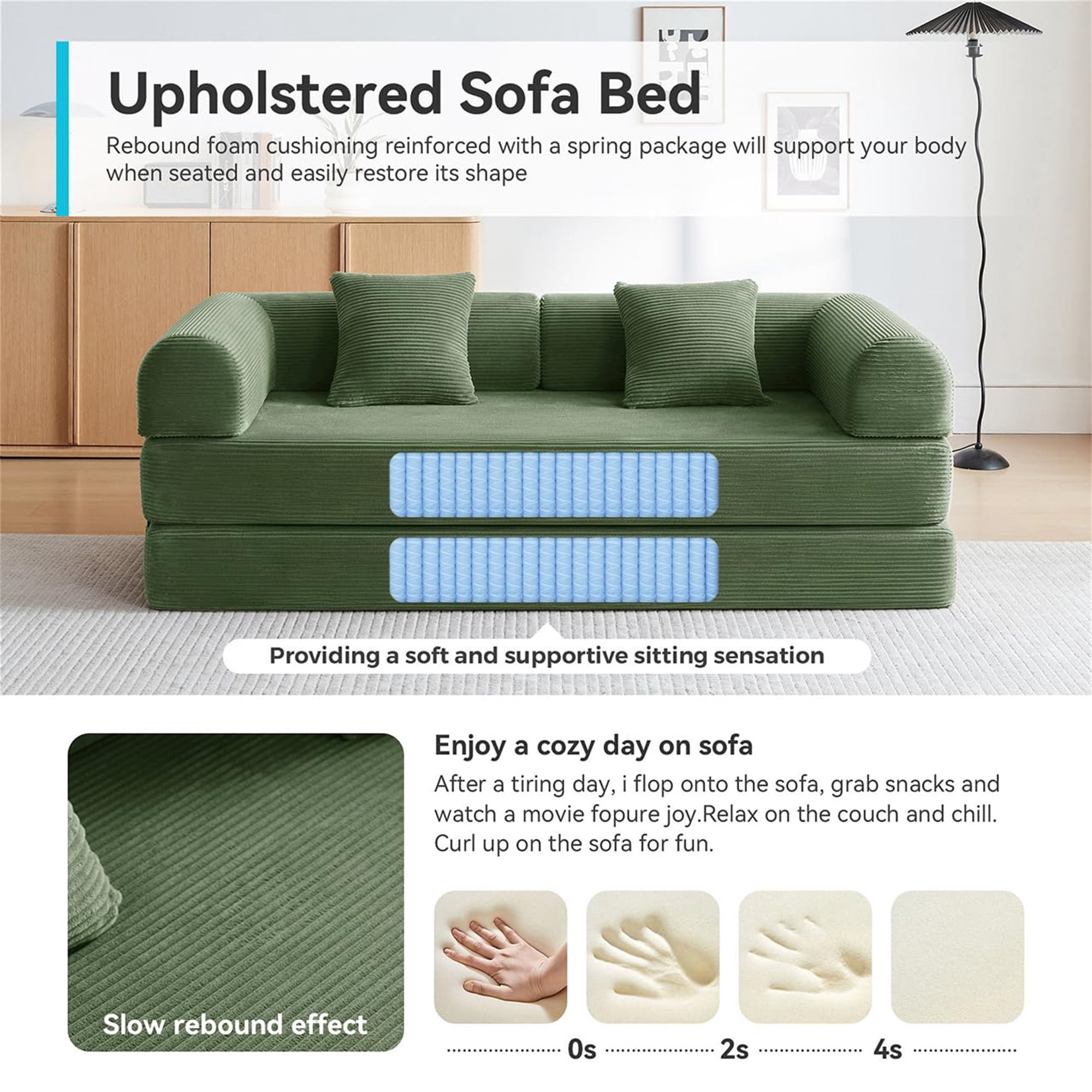 Aukfa 79" Convertible Futon Sofa Bed with Fixed Frame, 5-in-1 Boneless Couch for Living Room, Corduroy, Green