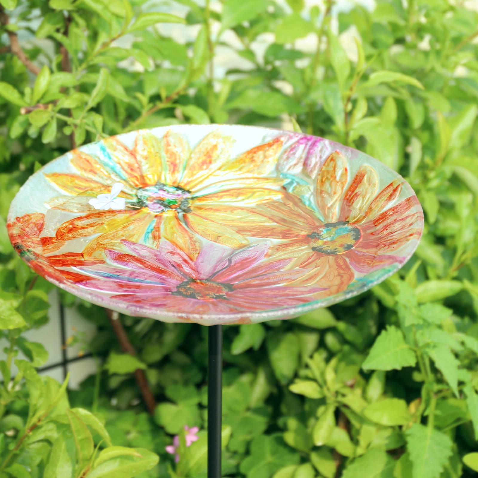MUMTOP Glass Bird Baths for Outdoors, 11 inch Birdbath Bowl with Metal Stake, Butterfly and Flower Bird Feeders for Garden and Patio Decor