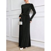 Black Womens Long Sleeve Ruched Knit Elegant Modest Maxi Dress