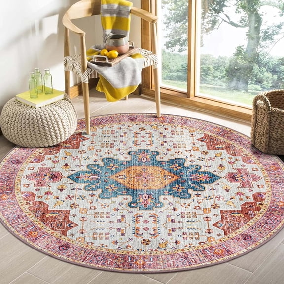 Ultra-Thin Washable Round Rug - Oriental Circle Area Rugs for Nursery Bedroom, Vintage Non Slip Non Shedding Low Pile Carpet for Living Room Coffee Table Entryway