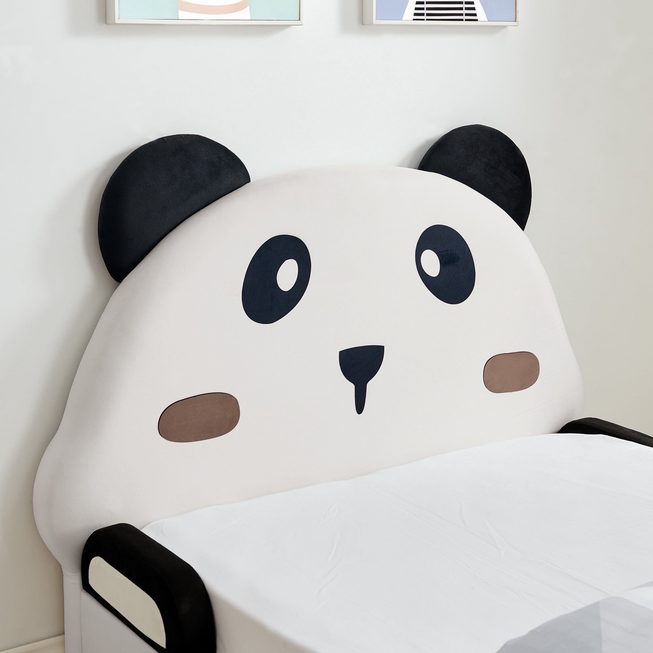 Noble House Brento Twin Size Panda Kids Bed, Whimsical Toddler Bed Frame with Soft Padded and Wooden Legs, Black & White