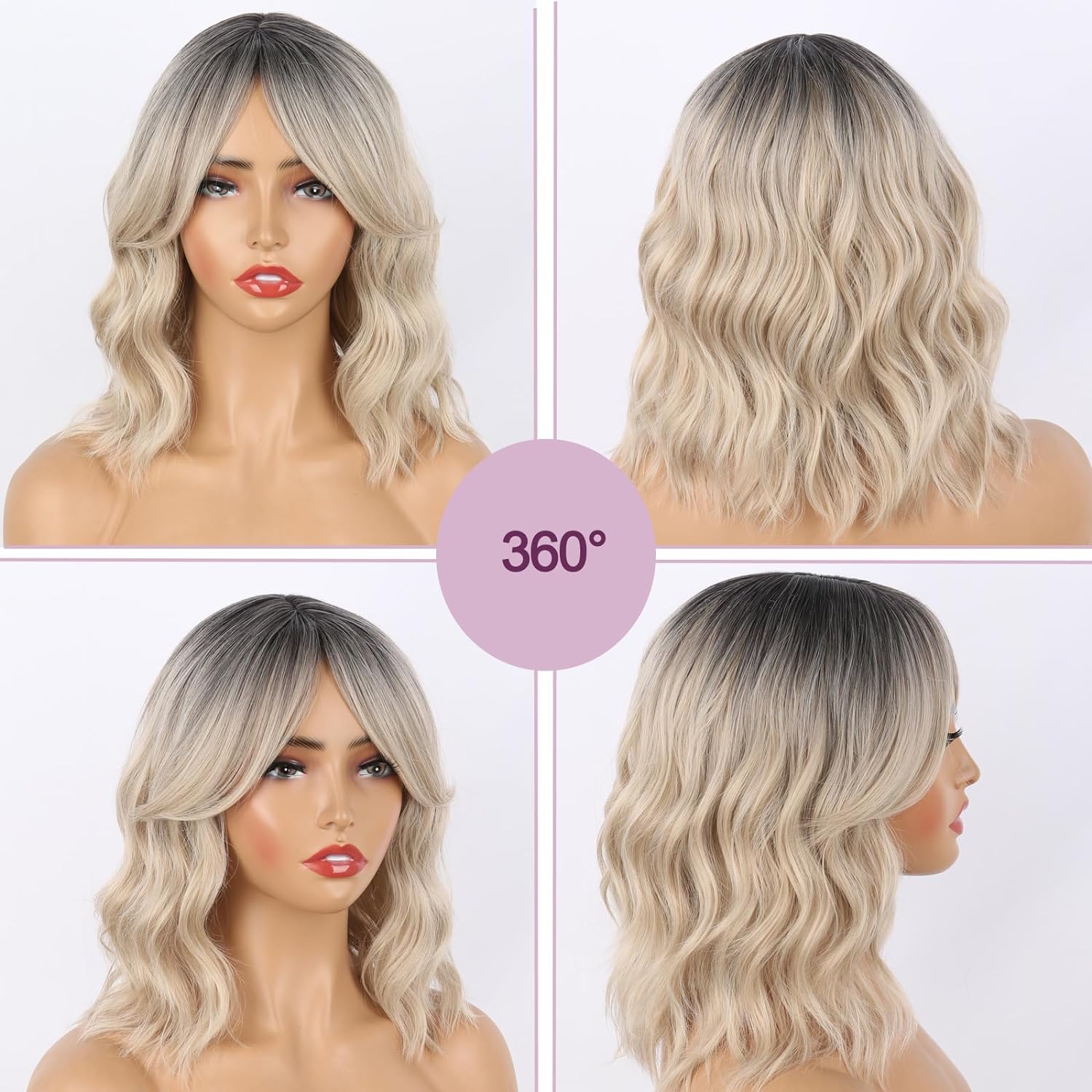 SUCS Dark Brown Wavy Bob Wig Natural Brown Curly Bob Wig with Curtain Bangs for Black Women Synthetic Wig