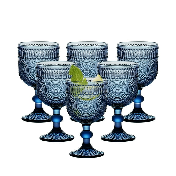 6-Piece 10oz Vintage Blue Embossed Glass Wine Goblet Set – Ideal for Weddings, Parties & Special Occasions